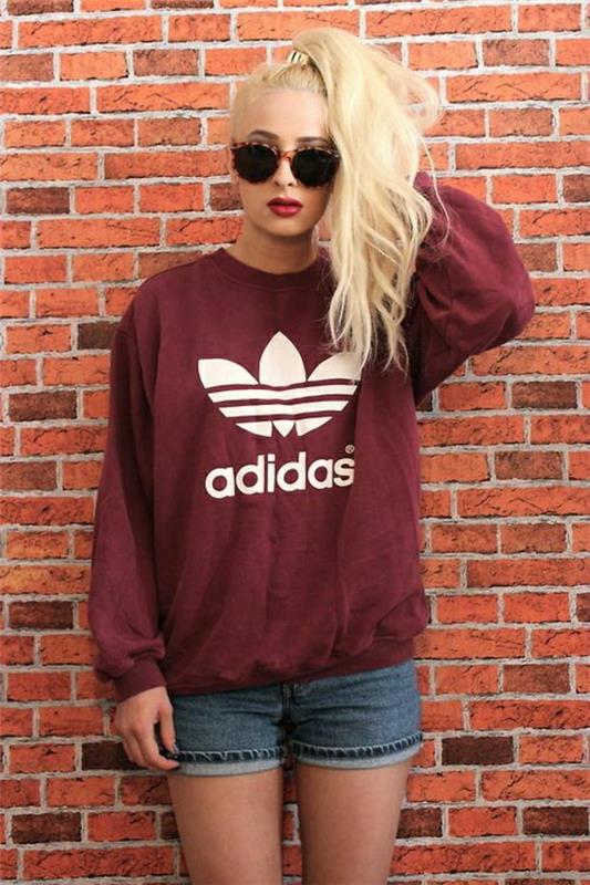 tröja-adidas-röd-kvinna-blond-tjej-solglasögon