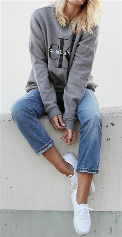 tröja-kvinna-calvin-klein-grå-denim-elegant-kvinna-blond