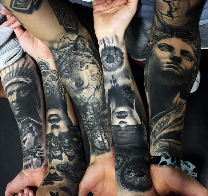 tetovanie, tetovanie na celú ruku, kresba tušom pre mužov a ženy