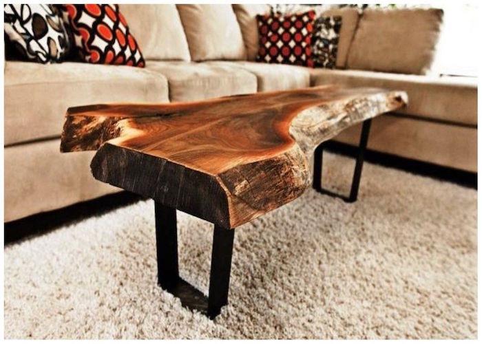 صور تصميم طاولة قهوة من الخشب الصلب بطول ملمع على أرجل معدنية