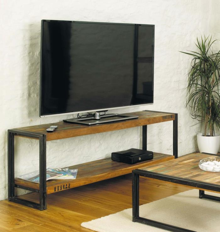industriellt-soffbord-trä-järn-TV-skåp