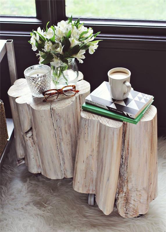 زوجان من طاولات القهوة من الخشب الأبيض المصقول على عجلات للديكور الاسكندنافي الطبيعي