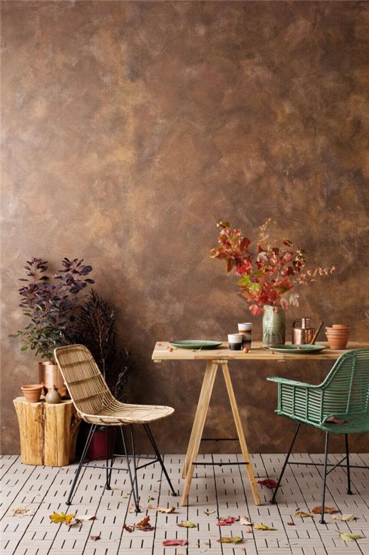 ako vyzdobiť izbu dreveným nábytkom, príklad farby na stenu s metalickým efektom, akú farbu má moderný dekor