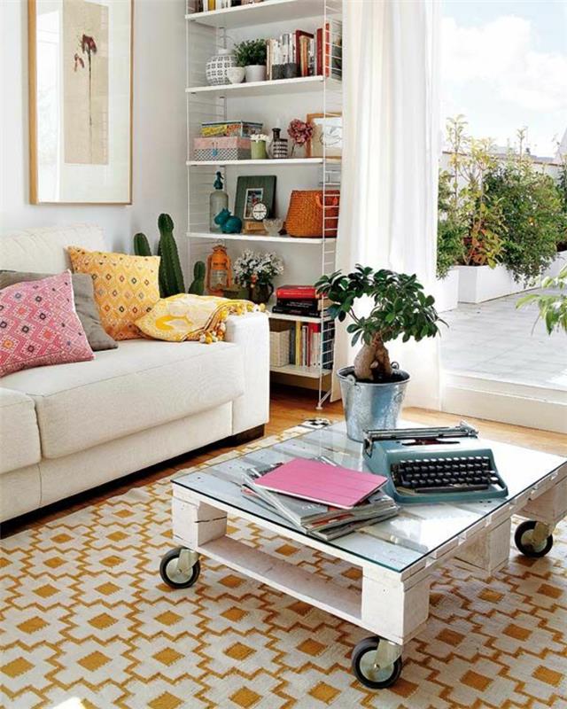 obývacia izba-stôl-v-palete-biela-farba-a-koberec- (geometrický