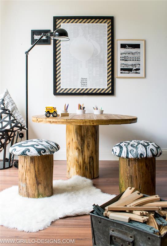 براز خشبي وطاولة جذع شجرة لديكور غرفة المعيشة بلمسة طبيعية