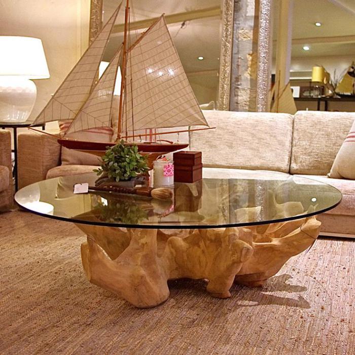 koreňový stôl z rustikálneho dreva a skla