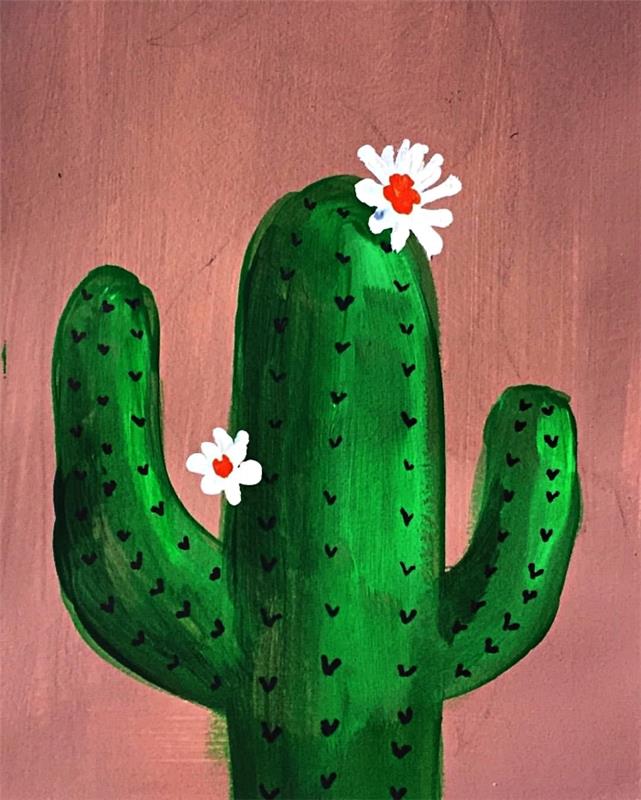 blommig kaktusmålning på rosa bakgrund gjord med akryl, lätt akrylmålningsidé för nybörjare