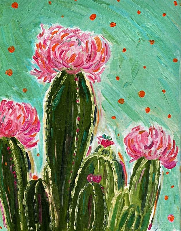 konstnärlig målning av blommande kaktus på en grön bakgrund gjord i akryl, akrylmålning lätt att uppnå för nybörjare