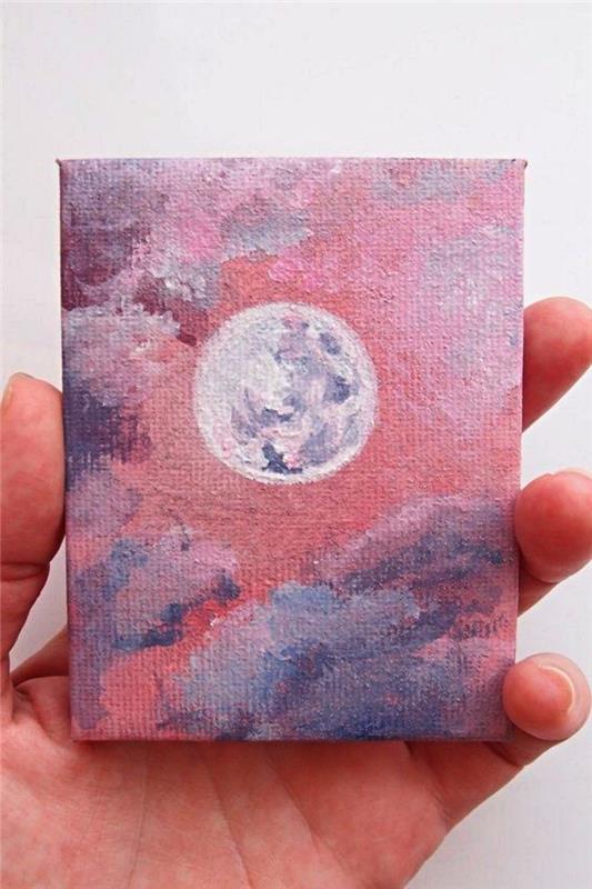 mini-bild akrylmålning på duk, fullmåne målning på en rosa-lila himmelbakgrund
