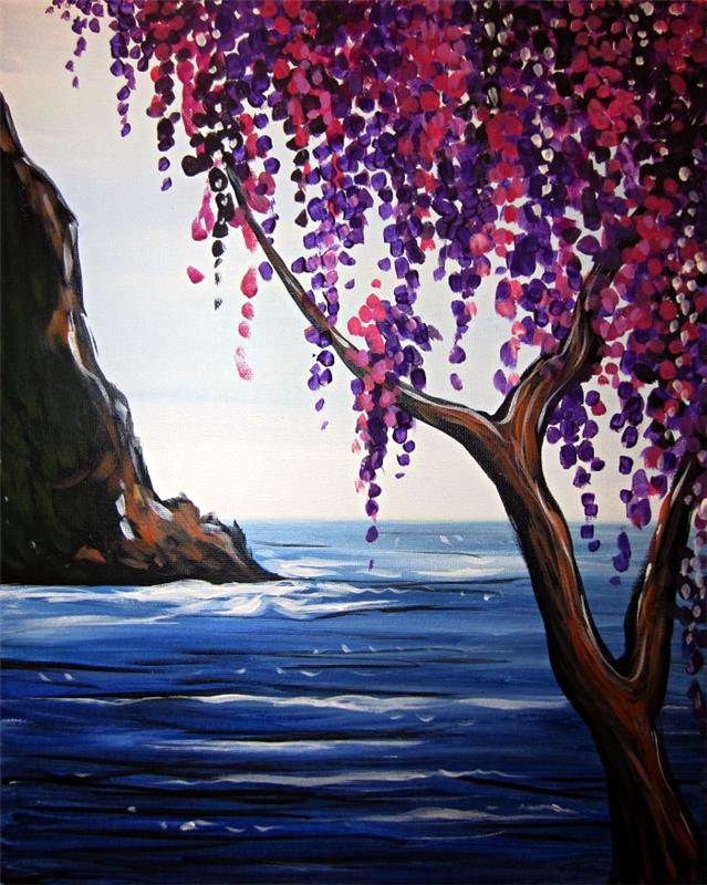 lätt akrylbrädaidé för nybörjare, måla ett landskap med akryl, måla träd vid havet i akryl