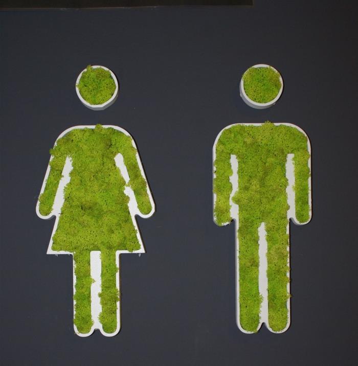 vnútorná zelená stena, police, ktoré označujú dámske a pánske toalety, figúrky v zelenom machu, zábavné dekoratívne riešenie