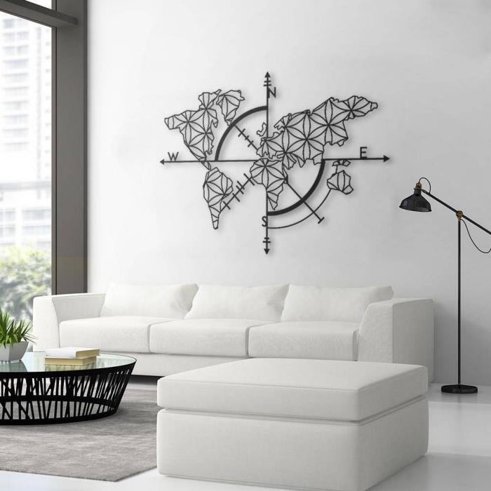 modern och elegant inredning med väggar och vit parkett med vit soffa och svart runt bord, dekorativ accent med dekorativ världskarta av järn