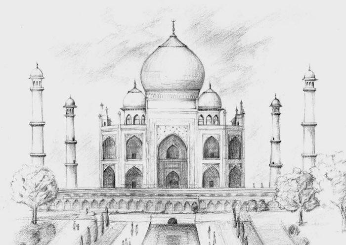 Indien skönhetsarkitektur magnifik vit slott, vackert landskapsteckning, inspirationsteckning lätt att göra