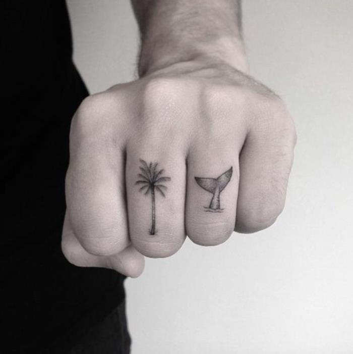 exotisk mönstrad finger tatuering, palmträd och val svans tatuering