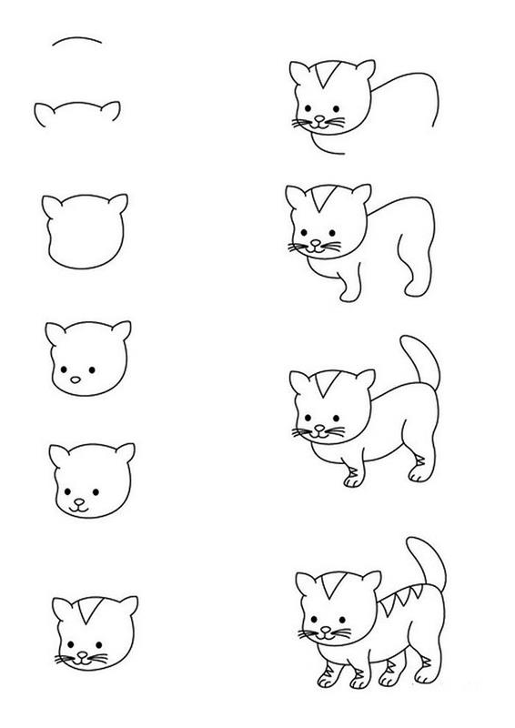 lätt att reproducera kattritningsmodell för barn, steg för steg ritning av söt liten katt med fram- och baksida