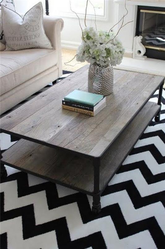 alinea-färgad-vit-och-svart-randig-matta-för-vardagsrummet-med-ett-soffbord