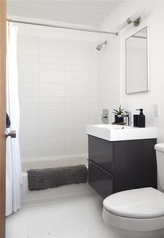 dekorativ modell i vitt och svart i ett litet badrum med duschkar, vit och svartlackerad underskåpsmodell
