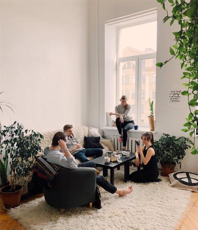 Škandinávska výzdoba obývačky s bohémskymi prvkami, mäkkým kobercom, čiernym konferenčným stolíkom, bielymi stenami a črepníkovými zelenými rastlinami