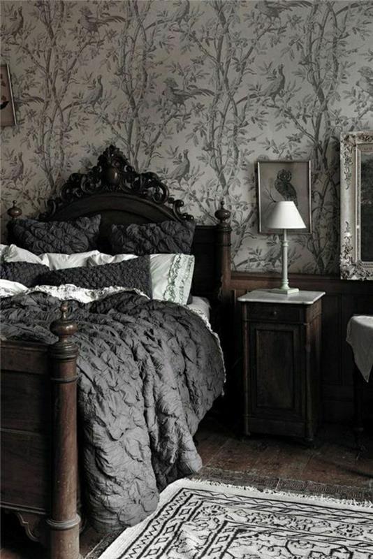 سجادة من الفرو الصناعي-غرفة نوم-نمط الباروك-أسود-رمادي-سرير في-خشب متين
