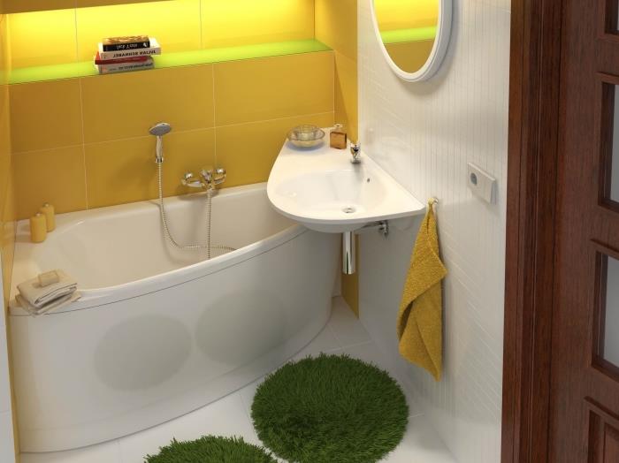 liten badrumslayoutid 2m2, platsbesparande förvaringsmodell med gul kakeldesign väggnisch och neonbelysning