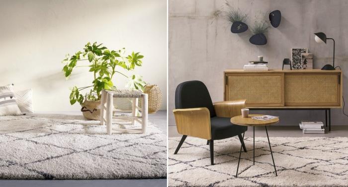 aký koberec do modernej obývačky, súčasná dekorácia obývačky s betónovými stenami s dreveným a matným čiernym nábytkom