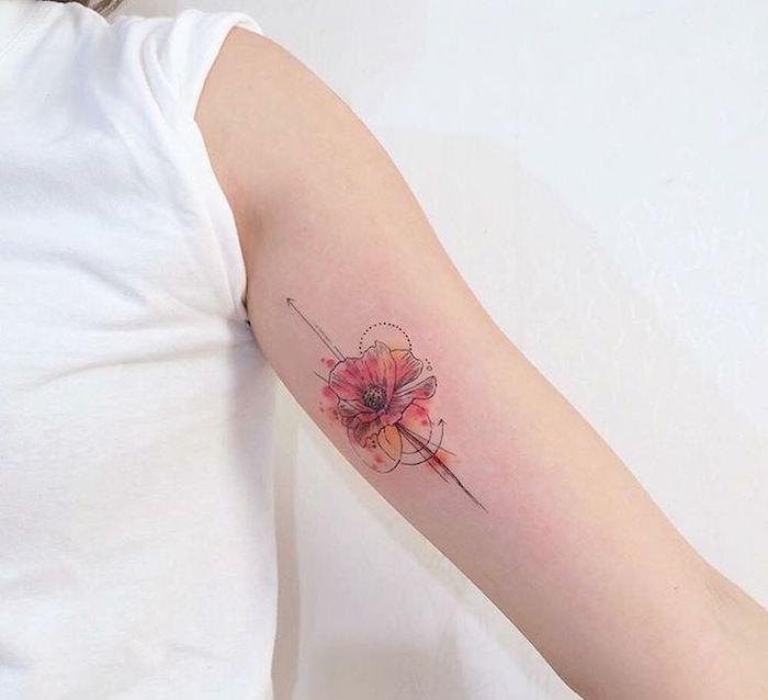 färgglada geometriska vallmo blomma tatuering på armen