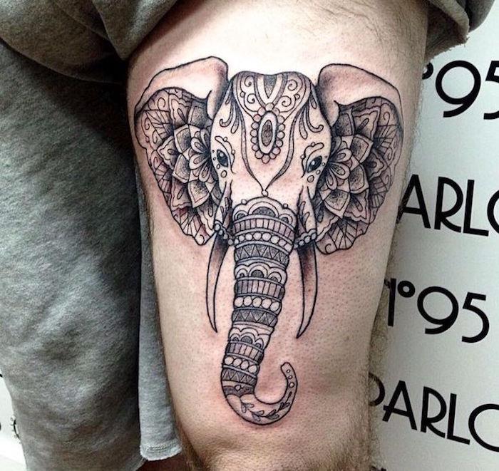 tetovanie na stehne muž tetovanie slona mandaly