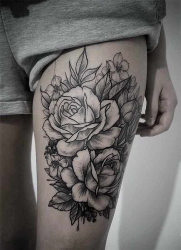 tetovanie na stehne žena tetovanie ružová čierna noha