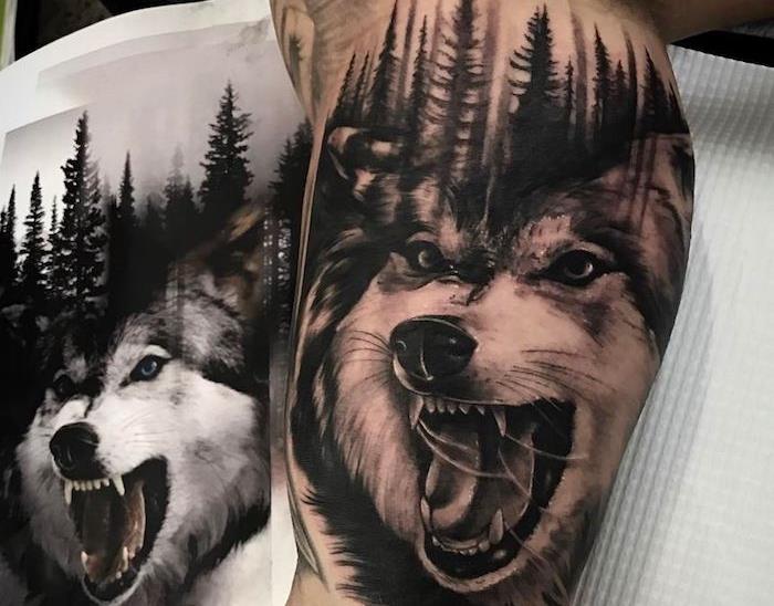 tetovanie muža na ruke, kresba na koži s divokým vlčím dizajnom a lesnou krajinou