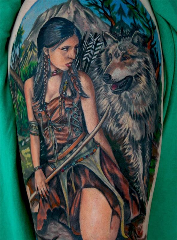 nápad na tetovanie, symbolické umenie tela na ruke, farebné tetovanie so ženou a vlkom