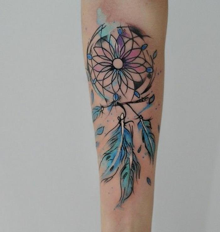 dreamcatcher underarm tatuering idé, blå fjädrar, svart nät, blå rosa moln, tornado design