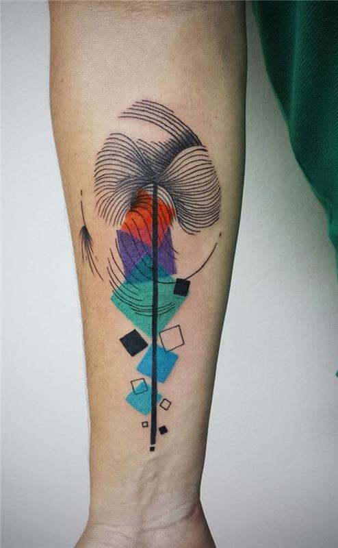 originálny nápad na farebné geometrické tetovanie so štylizovaným kvetinovým vzorom