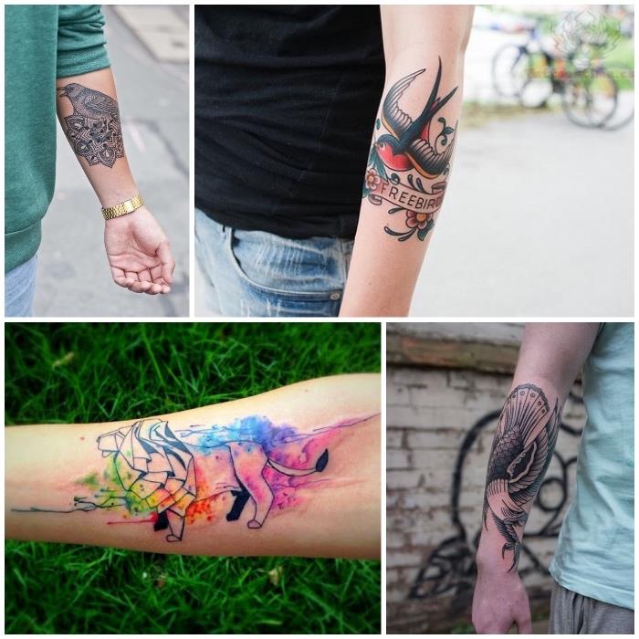 lejon, fågel och örn tatuering på armen, färg tatuering och svart bläck, populära tatuering design idéer
