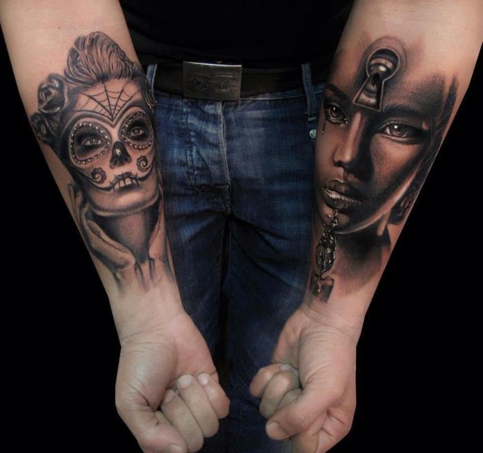 tetovanie s vnútornou rukou, vnútorne potetovanou mužskou rukou, umeleckými ženskými portrétmi