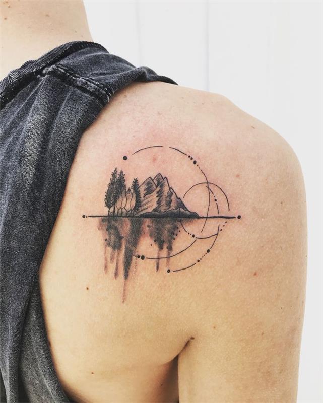 tetovanie s prerušeným kruhom a grafická horská krajina so zrkadlovým efektom