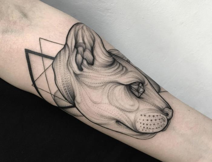geometrické tetovanie mačky, tetované predlaktie, kresba mačiek sphynx, bodková technika