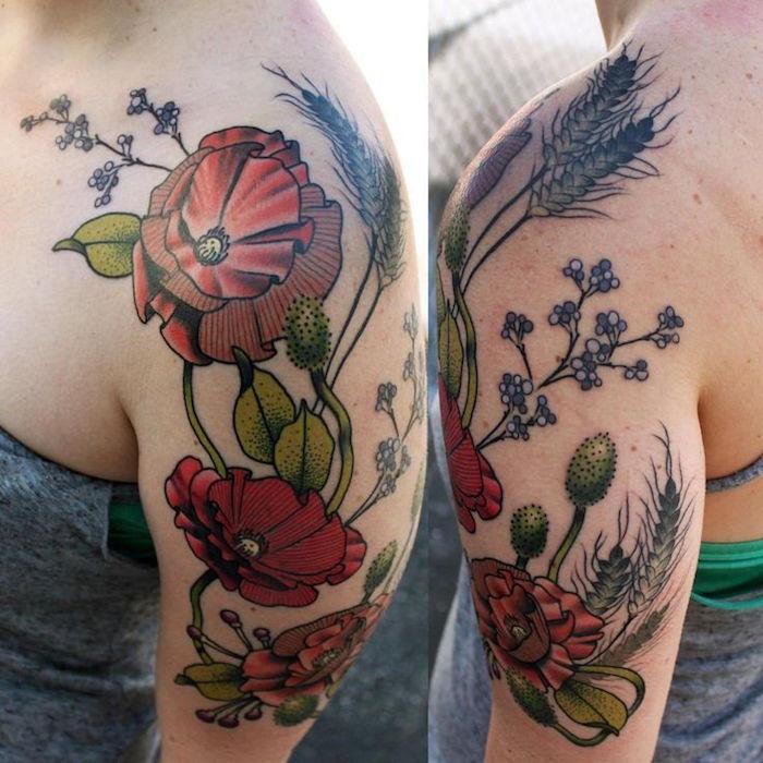 Tatuering blommor axel kvinna tatuering blomma färger arm