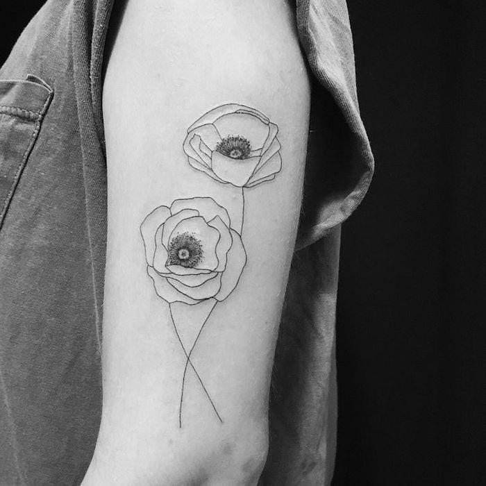 blomma tatuering diskret arm svart och vitt blomma tatuering tunn linje, svartvitt vallmo tatuering