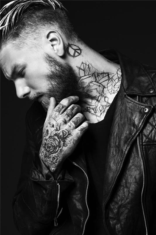man arm tatuering, svart skägg, sidorakad frisyr, tatuering på halsen, svart läderjacka för män
