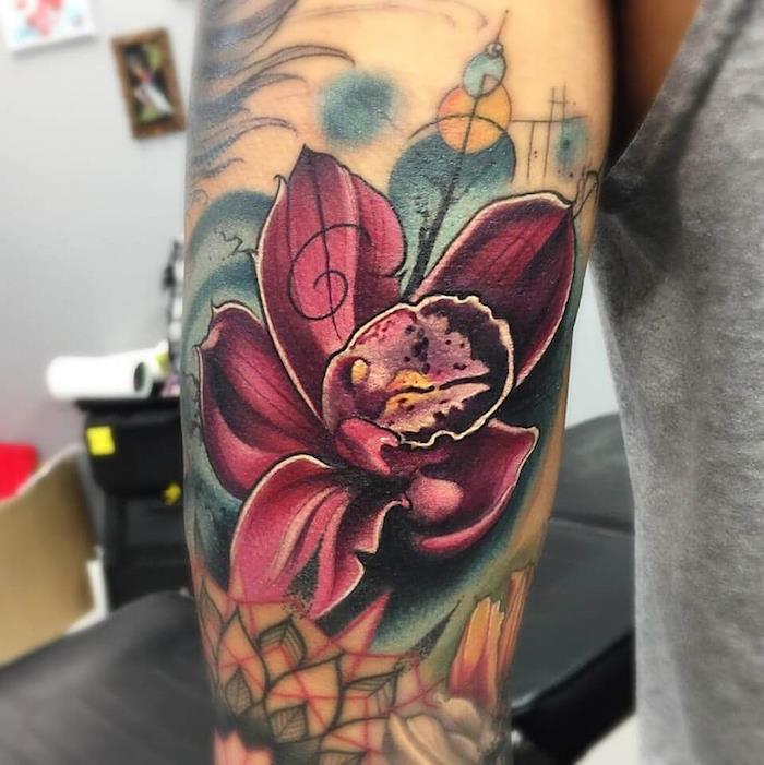 fialová orchidea kvet tetovanie kvety tetovanie paže žena