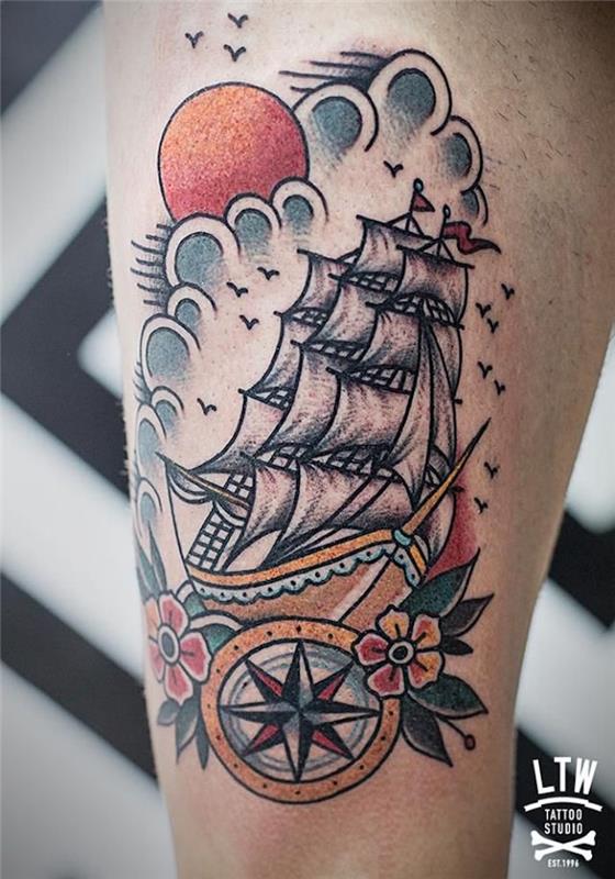 tetovanie v štýle old school námorník tetovanie čln kompas mraky vinobranie