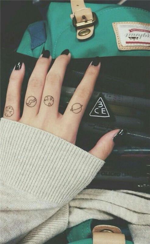 tetovanie na prstoch so vzorom planét, tetovanie, ktoré je jednoduché a originálne