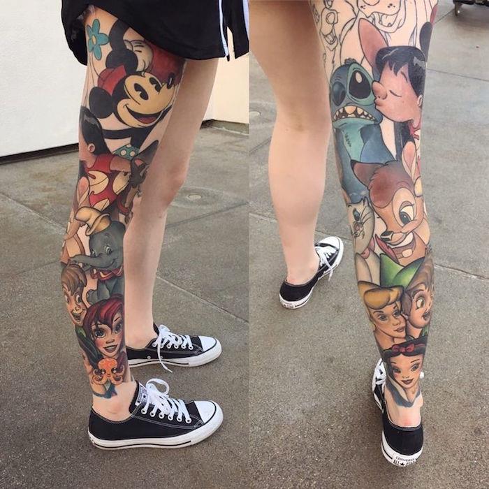 tetovanie ženského lýtka plné tetovanie ženskej nohy kreslený vzor myšky Micky