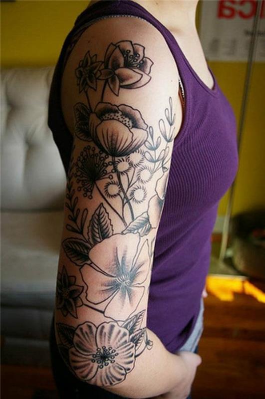 kvetinové tetovanie, ženská ruka potetovaná čiernymi makmi, kvetinové vzory tetovania