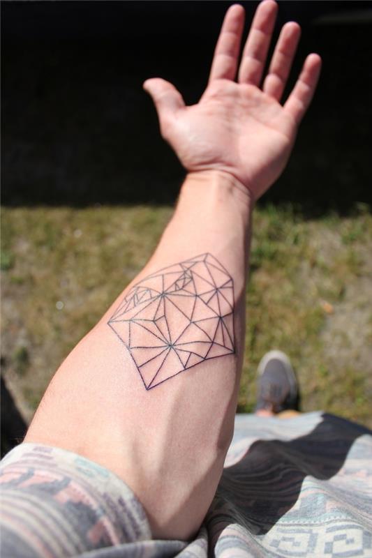 geometrické tetovanie s elegantným a symetrickým dizajnom vyrobené na vnútornej strane predlaktia