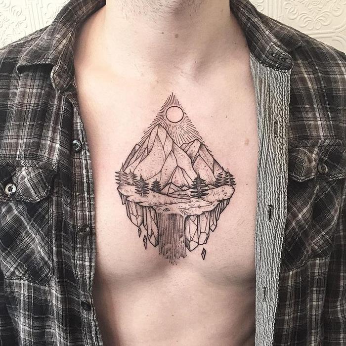 originálne geometrické tetovanie na hrudi znázorňujúce horu na plávajúcom ostrove
