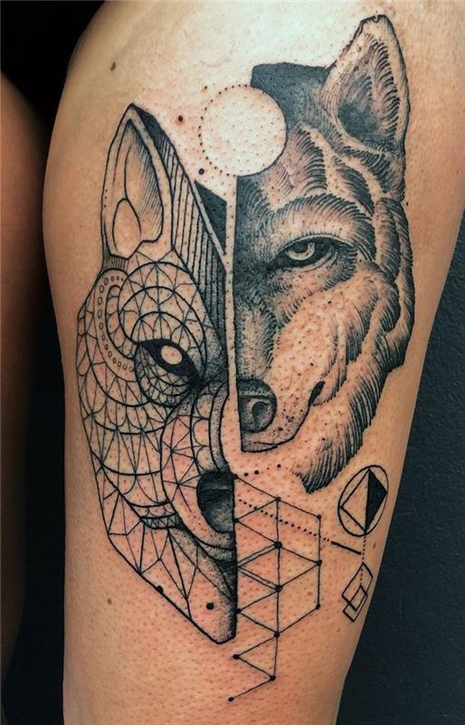 tetovací nápad, body art pre ženu so zvieracím dizajnom, kresba tušom vlčej hlavy