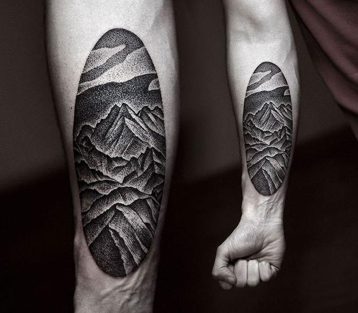 De vackraste tatueringarna, tatueringsdesignidé för män, landskap, fjälltatuering, tatuering på benen