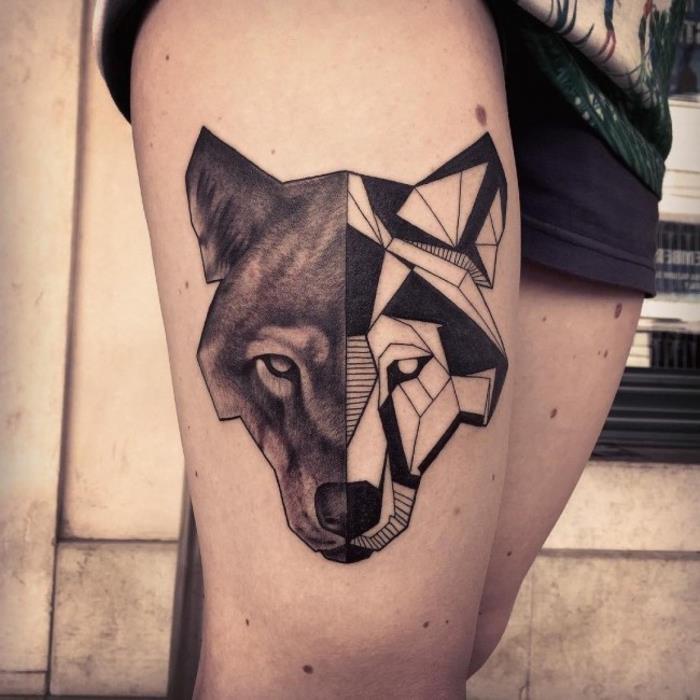 grafické a geometrické obojstranné tetovanie vlka na stehne