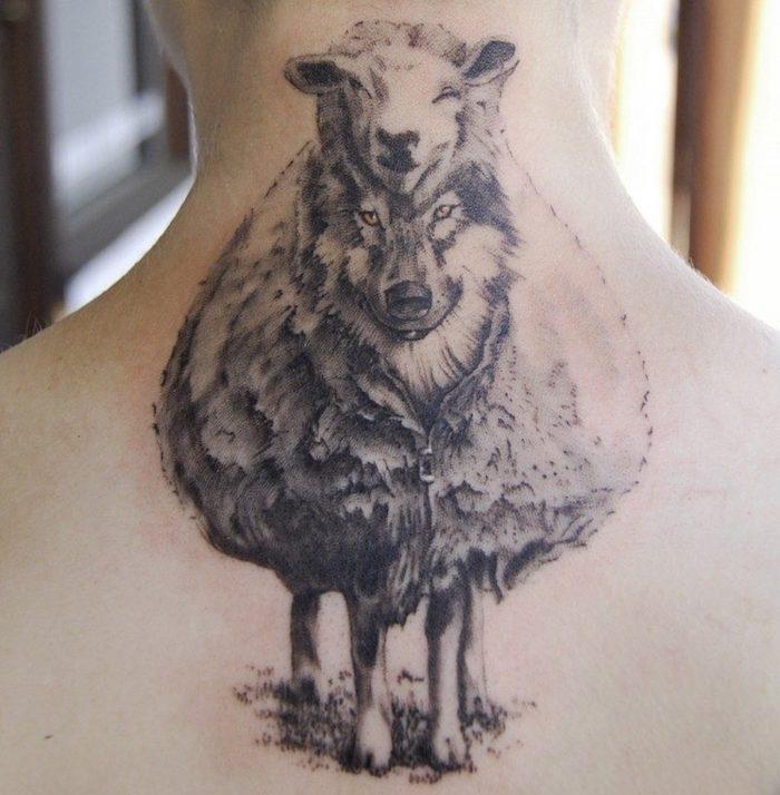 tetovanie zvierat, symbolický dizajn na koži, tetovanie vlka a ovečky na zátylku
